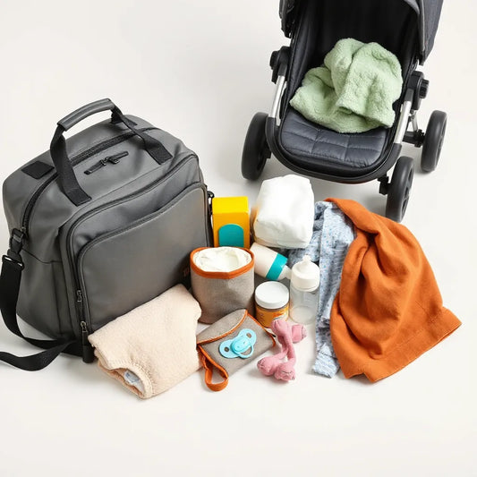 Diaper bag with neatly packed baby essentials beside a stroller for traveling