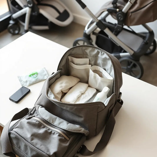 Modern diaper bag open with neatly packed baby travel essentials on a clean table