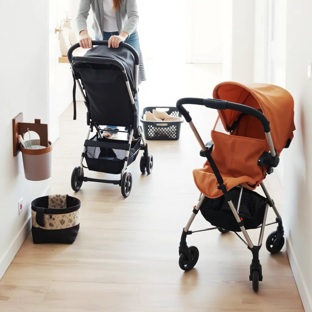 Several baby strollers side by side with a parent adjusting the handle in daylight
