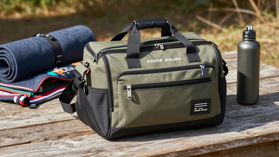 Eddie Bauer diaper bag with outdoor adventure gear.