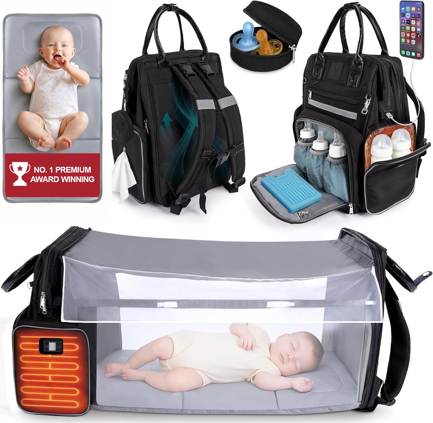 Premium Diaper Bag Backpack with Changing Station, Heated Bottle Pockets, Newborn Gift