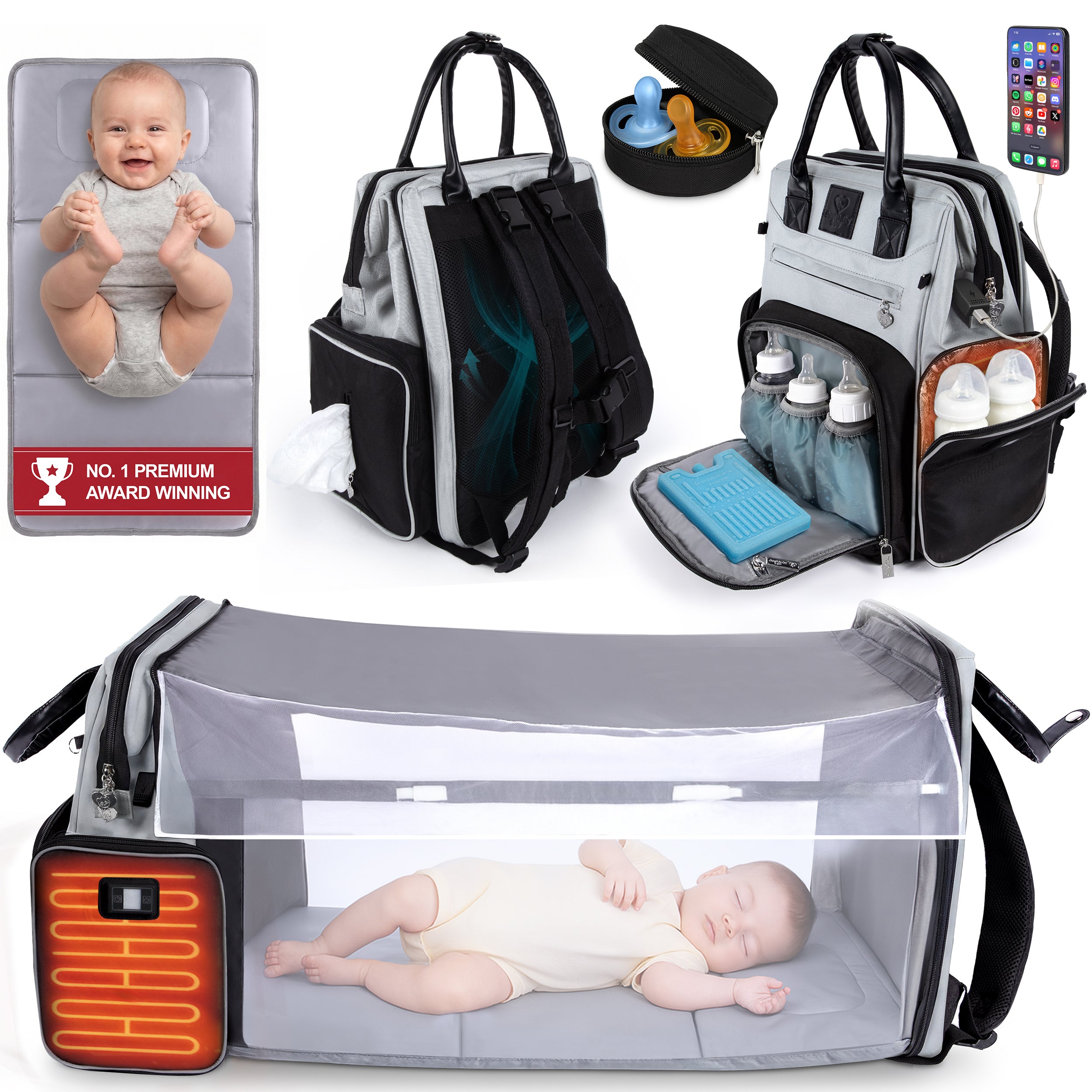 Premium Diaper Bag Backpack with Changing Station, Heated Bottle Pockets, Newborn Gift