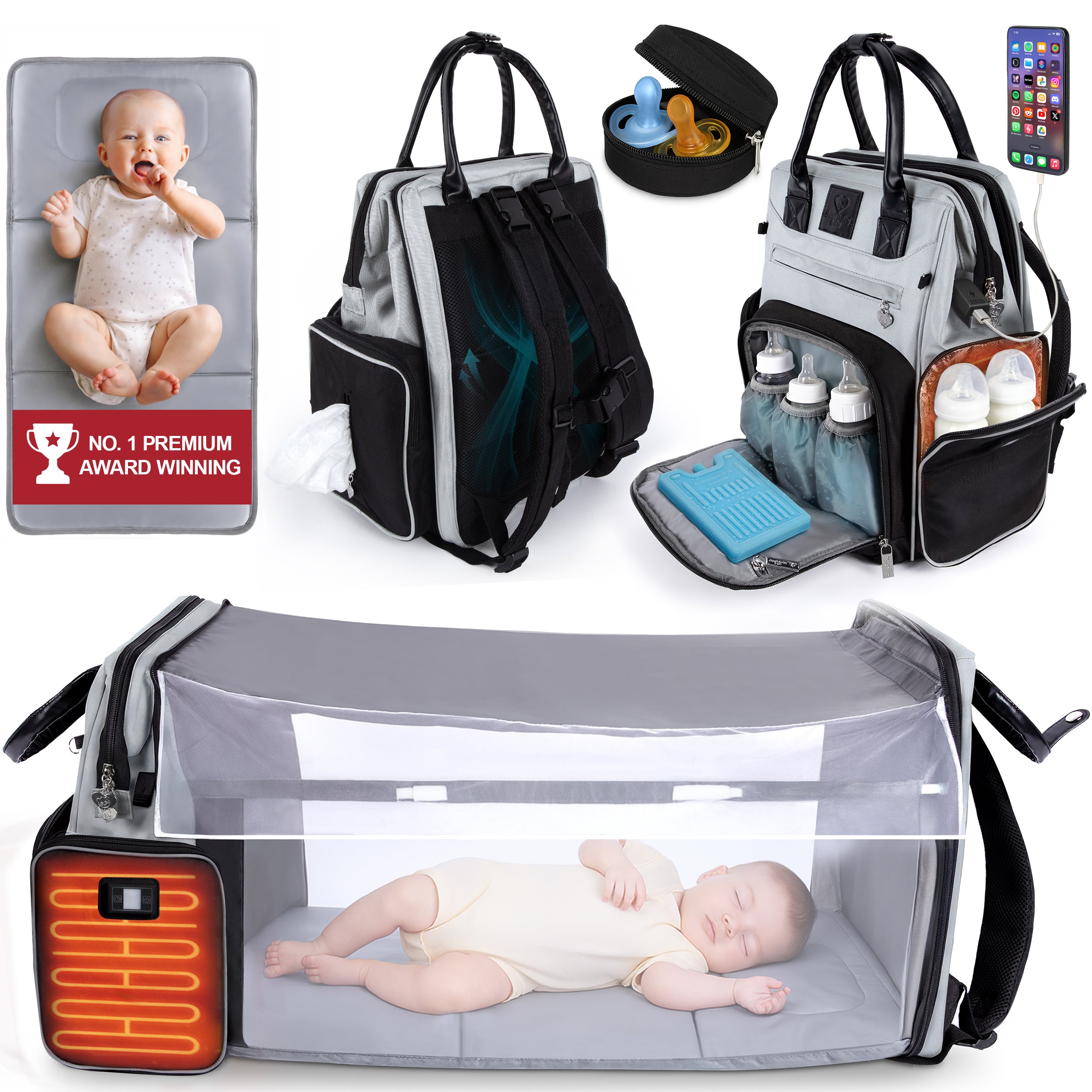 Premium Diaper Bag Backpack with Changing Station, Heated Bottle Pockets, Newborn Gift