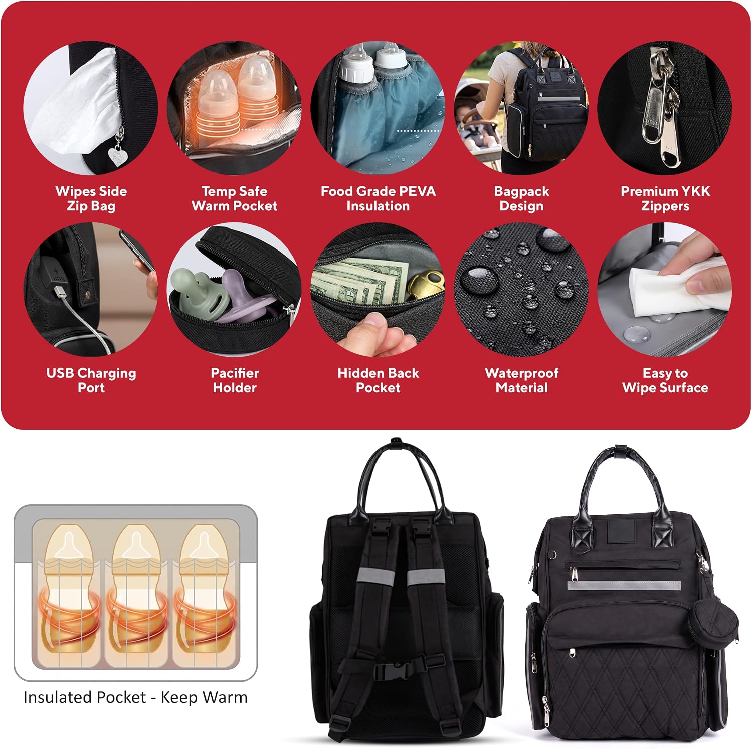 Premium Diaper Bag Backpack with Changing Station, Heated Bottle Pockets, Newborn Gift