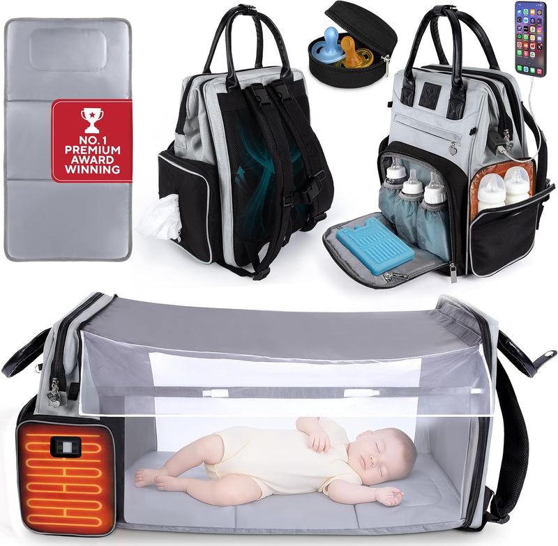 Premium Diaper Bag Backpack with Changing Station, Heated Bottle Pockets, Newborn Gift