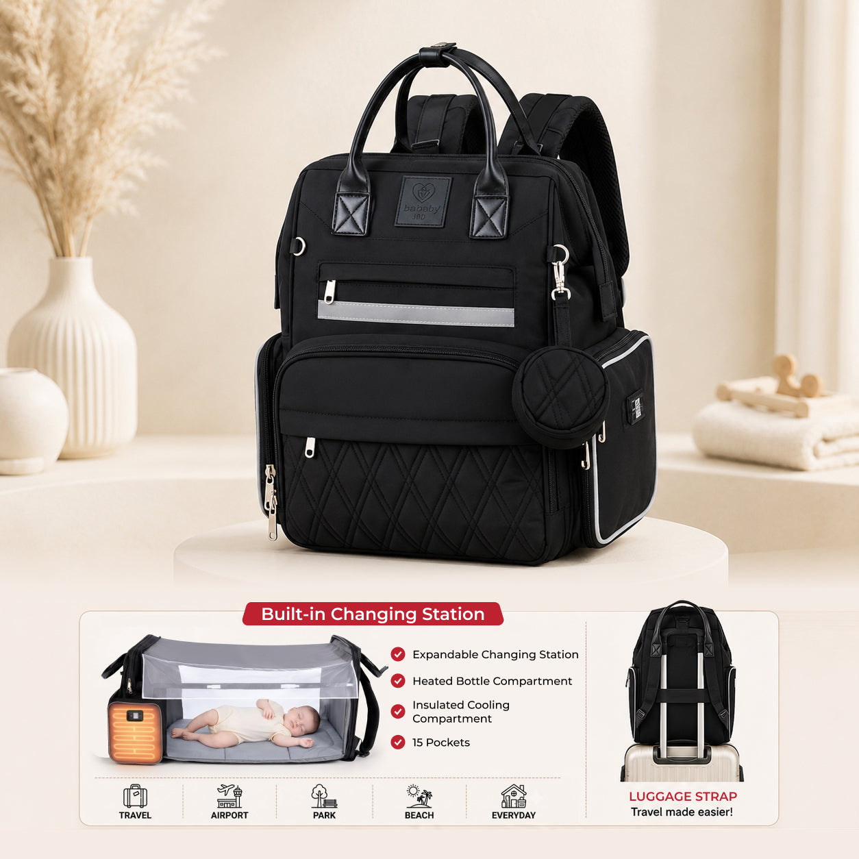 Premium Diaper Bag Backpack with Changing Station, Heated Bottle Pockets, Newborn Gift