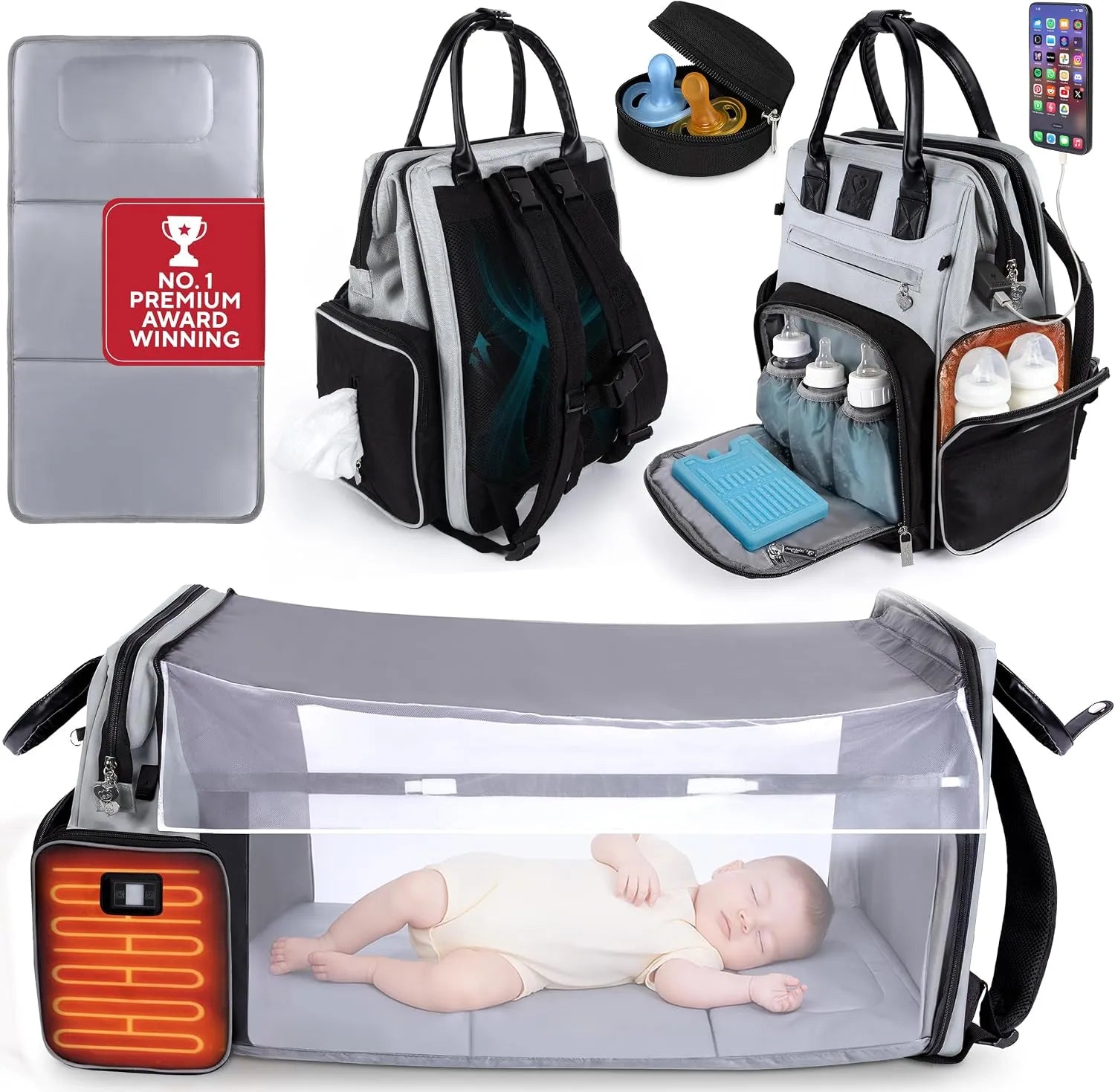 Premium Diaper Bag Backpack with Changing Station, Heated Bottle Pockets, Newborn Gift