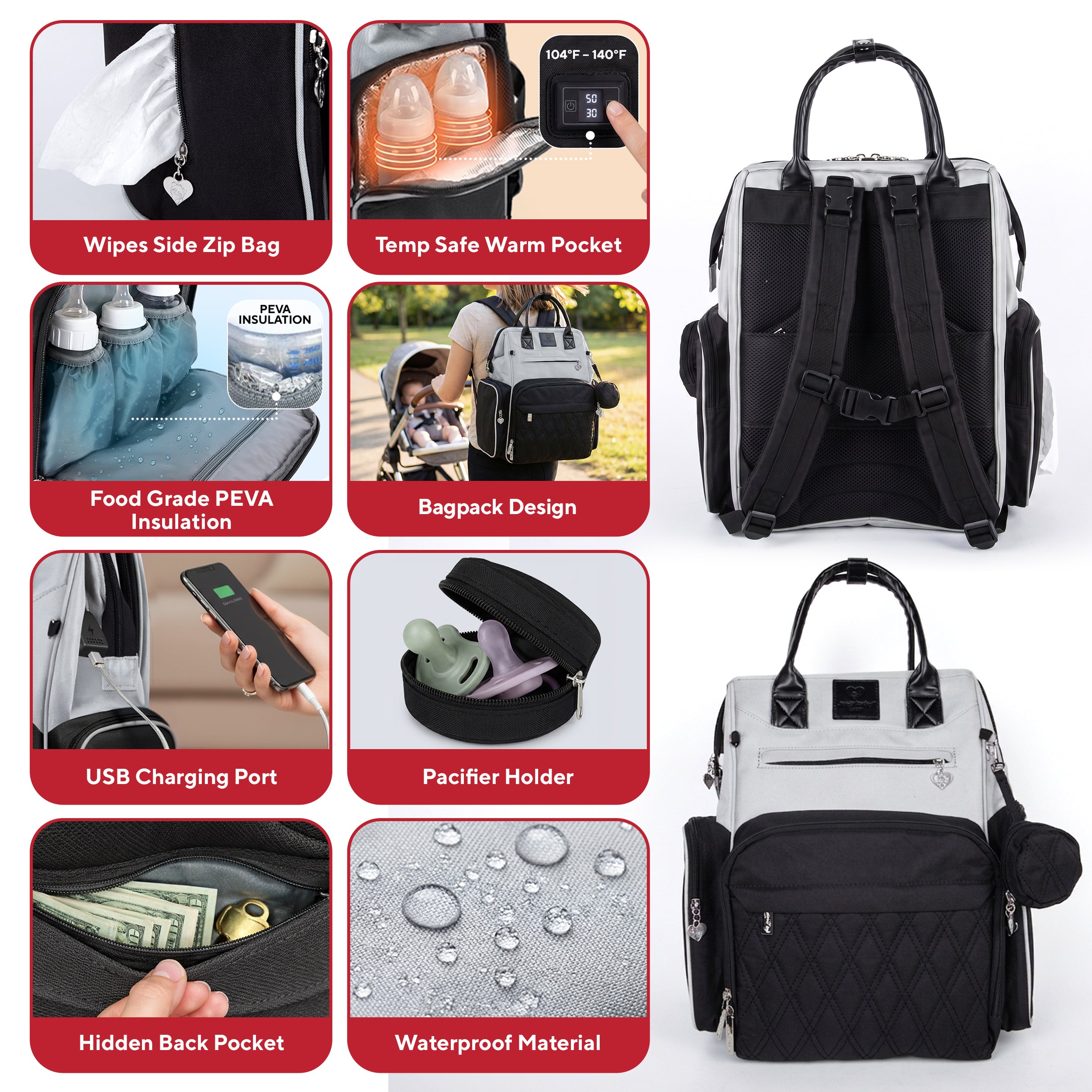 Premium Diaper Bag Backpack with Changing Station, Heated Bottle Pockets, Newborn Gift