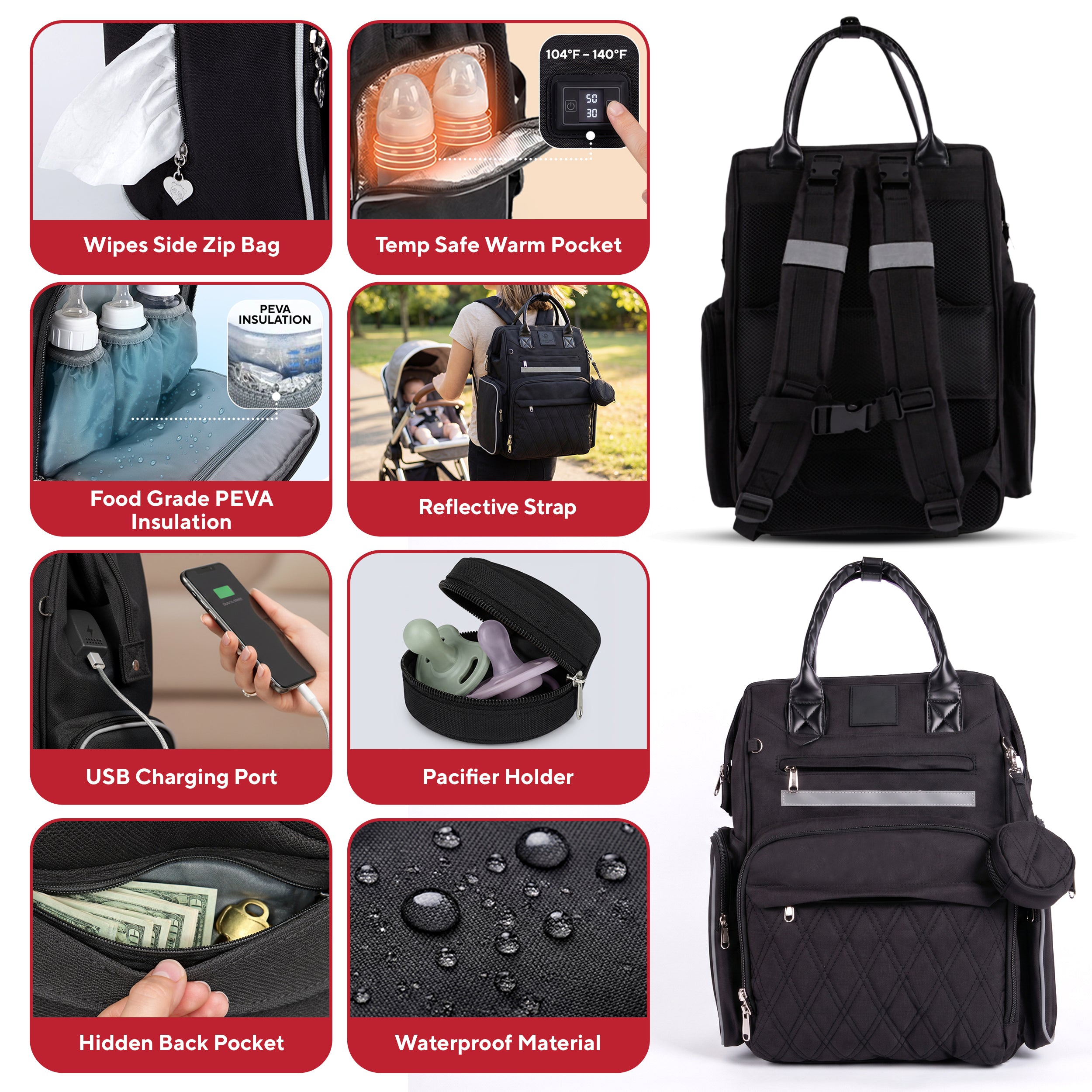 Premium Diaper Bag Backpack with Changing Station, Heated Bottle Pockets, Newborn Gift