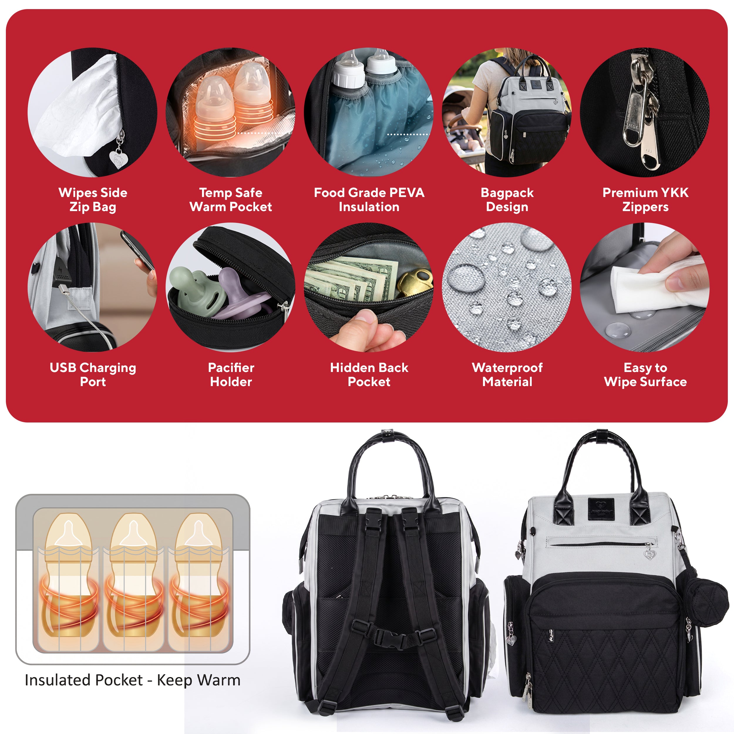Premium Diaper Bag Backpack with Changing Station, Heated Bottle Pockets, Newborn Gift