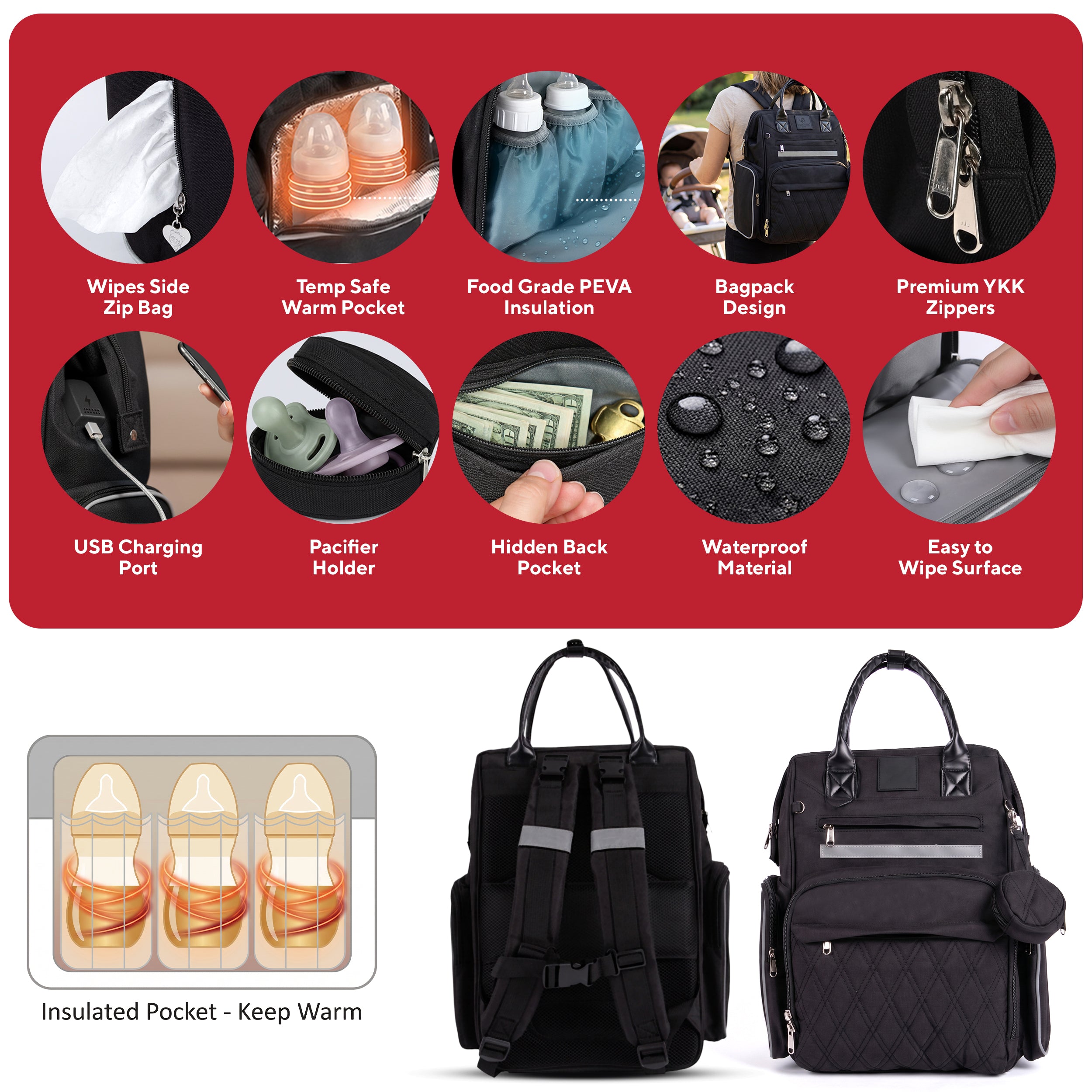 Premium Diaper Bag Backpack with Changing Station, Heated Bottle Pockets, Newborn Gift