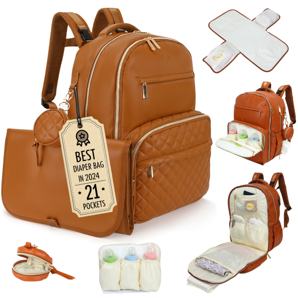 brown pu leather diaper backpack bag