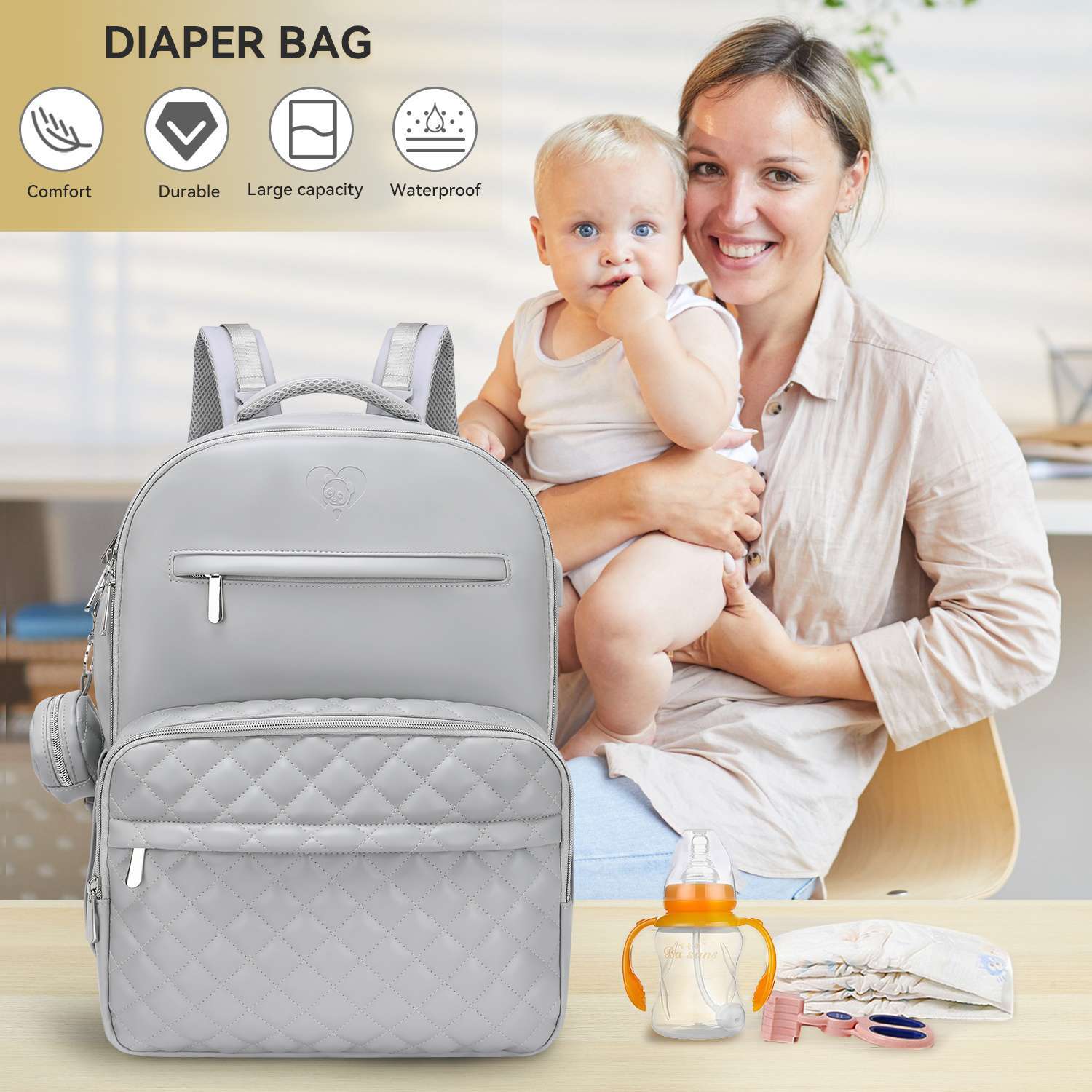 grey pu leather diaper bag bakpack jastbaby luv vegan diaper bag