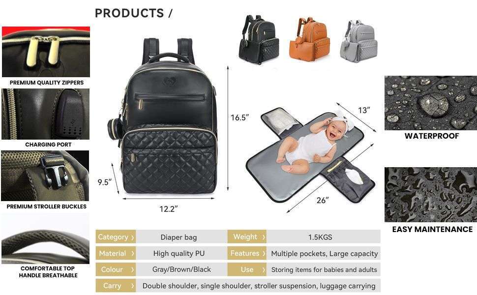 black leather diaper backpack bag