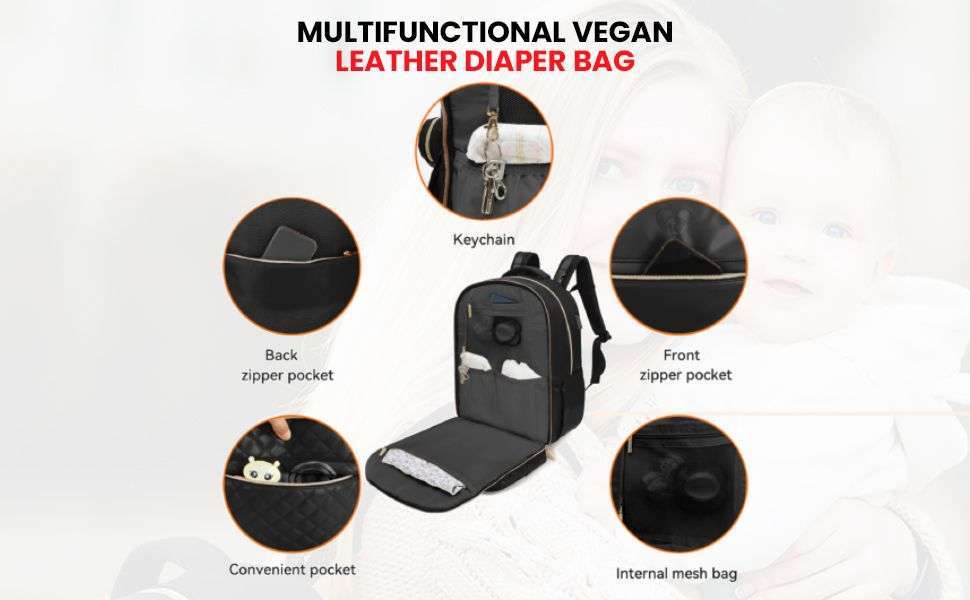 black vegan leather diaper bag