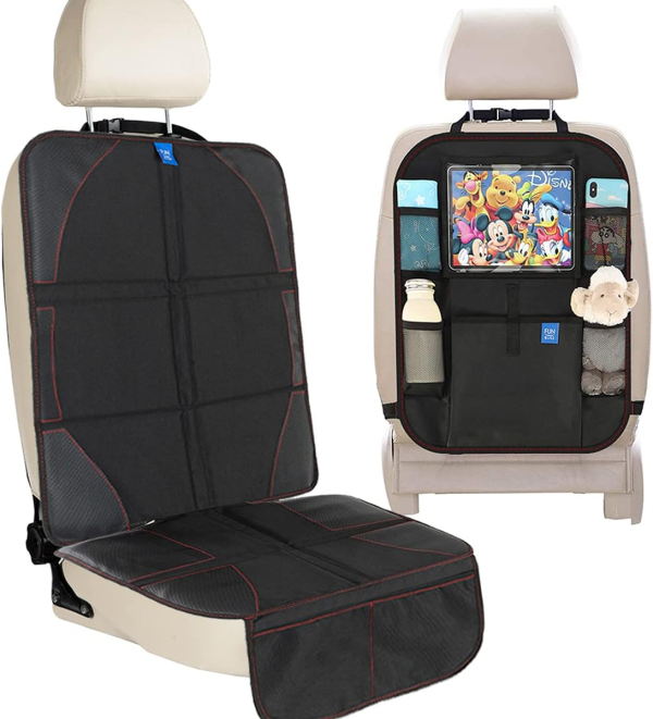 Funbliss Car Seat Protector + Kick Mats Car Backseat Organizer Black,Suitable for All Cars,Xl Largest Car Seat Cover for Child Baby Carseat, Kick Mat Back Seat W/Storage Pockets