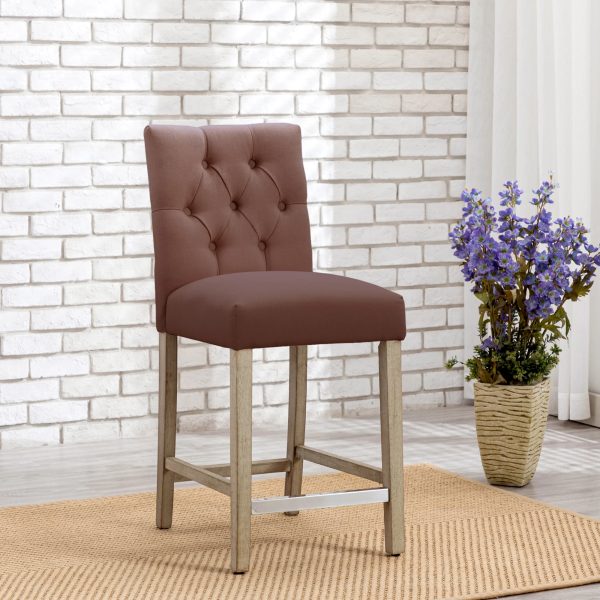 Westintrends Hayes Stools for Kitchen Counter Set of 3, Linen Upholstered Button Tufted Counter High Chairs Solid Wood Legs, Brown