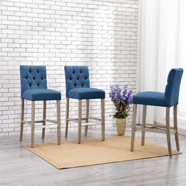 Westintrends Hayes Stools for Kitchen Counter Set of 3, Linen Upholstered Button Tufted Counter High Chairs Solid Wood Legs, Brown