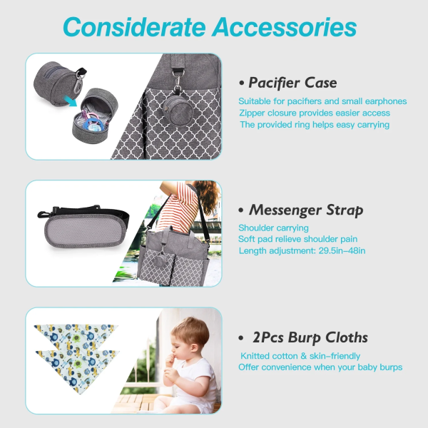 Diaper Bag Teqhome Tote Nappy Changing Bags with 14 Pockets 2 Burp Cloths Multifunction Travel Diaper Bag Organizer with Pacifier Case Adjustable Straps Grey