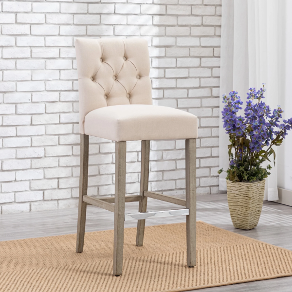 Westintrends Hayes Stools for Kitchen Counter Set of 3, Linen Upholstered Button Tufted Counter High Chairs Solid Wood Legs, Brown