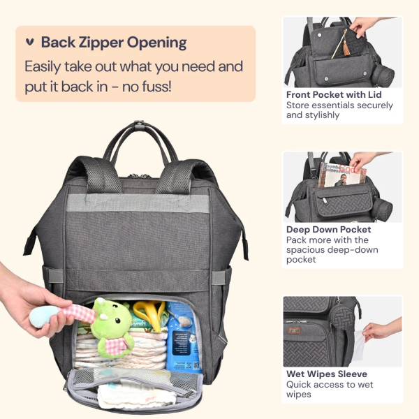 Babbleroo Diaper Bag Backpack, Spacious & Stylish Nappy Organizer, Dark Gray, 1 Pc