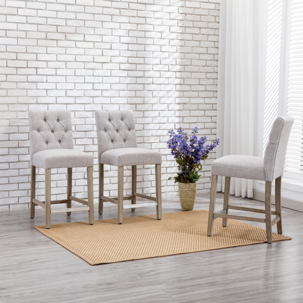 Westintrends Hayes Stools for Kitchen Counter Set of 3, Linen Upholstered Button Tufted Counter High Chairs Solid Wood Legs, Brown