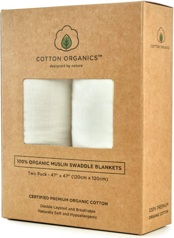 Cotton Organics Muslin Swaddle Blanket, Extra Soft and Hypoallergenic Organic Cotton, Gift Box (Natural White)