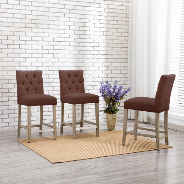 Westintrends Hayes Stools for Kitchen Counter Set of 3, Linen Upholstered Button Tufted Counter High Chairs Solid Wood Legs, Brown
