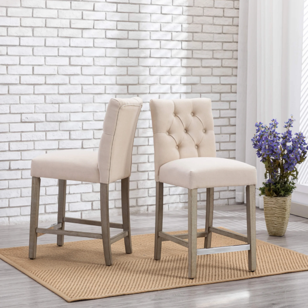 Westintrends Hayes Stools for Kitchen Counter Set of 3, Linen Upholstered Button Tufted Counter High Chairs Solid Wood Legs, Brown
