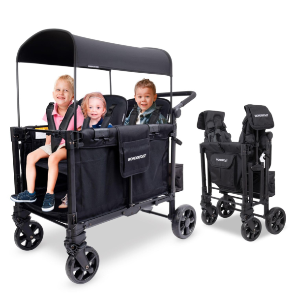WONDERFOLD W4 Elite Stroller Wagon (4 Seater) - Collapsible Wagon Stroller with Seats with 5-Point Harnesses, Adjustable Push Handle, and Removable UV Sun Canopy, Charcoal Gray