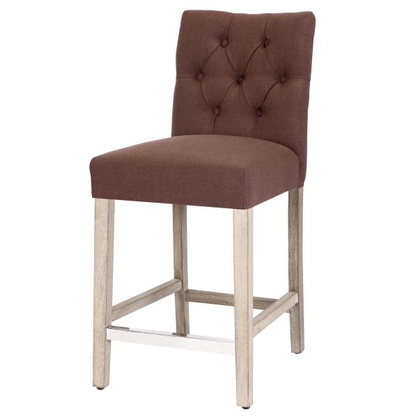 Westintrends Hayes Stools for Kitchen Counter Set of 3, Linen Upholstered Button Tufted Counter High Chairs Solid Wood Legs, Brown