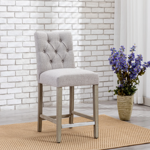 Westintrends Hayes Stools for Kitchen Counter Set of 3, Linen Upholstered Button Tufted Counter High Chairs Solid Wood Legs, Brown