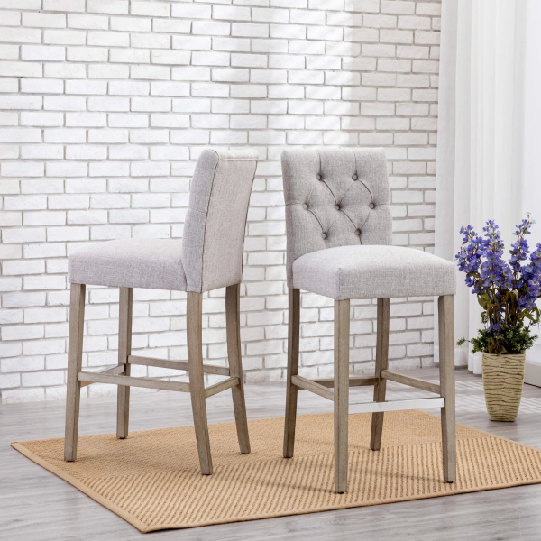 Westintrends Hayes Stools for Kitchen Counter Set of 3, Linen Upholstered Button Tufted Counter High Chairs Solid Wood Legs, Brown