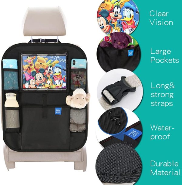 Funbliss Car Seat Protector + Kick Mats Car Backseat Organizer Black,Suitable for All Cars,Xl Largest Car Seat Cover for Child Baby Carseat, Kick Mat Back Seat W/Storage Pockets