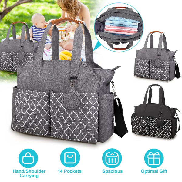 Diaper Bag Teqhome Tote Nappy Changing Bags with 14 Pockets 2 Burp Cloths Multifunction Travel Diaper Bag Organizer with Pacifier Case Adjustable Straps Grey