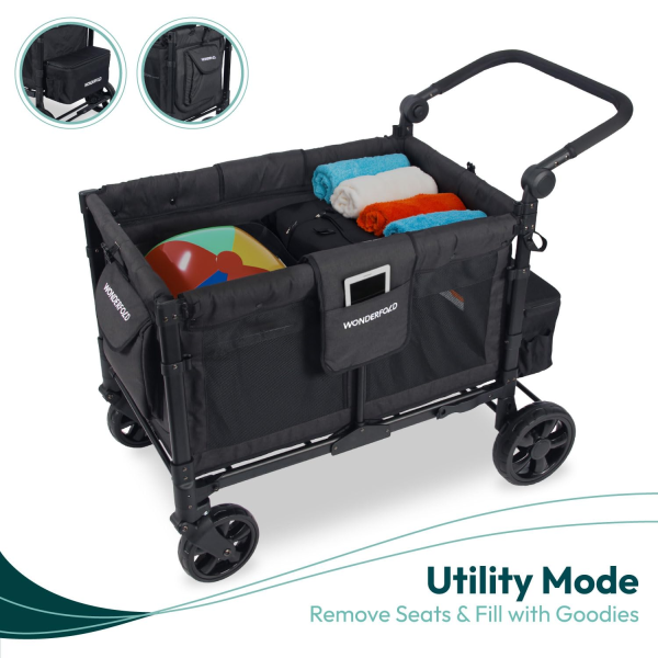 WONDERFOLD W4 Elite Stroller Wagon (4 Seater) - Collapsible Wagon Stroller with Seats with 5-Point Harnesses, Adjustable Push Handle, and Removable UV Sun Canopy, Charcoal Gray