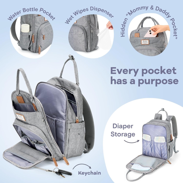 RUVALINO Diaper Bag Backpack - Multifunction Waterproof Travel Backpack, Baby Bag with Changing Pad & Stroller D-Ring & Pacifier Case - Travel Essentials & Baby Registry Search & Shower Gifts - Gray