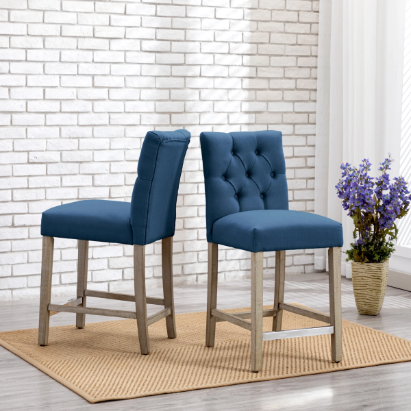 Westintrends Hayes Stools for Kitchen Counter Set of 3, Linen Upholstered Button Tufted Counter High Chairs Solid Wood Legs, Brown