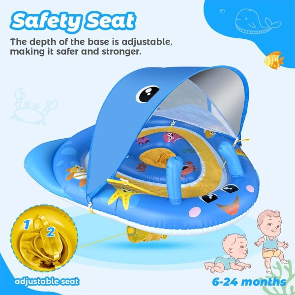 GVDV Baby Pool Float with Canopy UPF50+ Sun Protection, 6-24 Months Inflatable Infant Swimming Ring with Adjustable Safety Seat