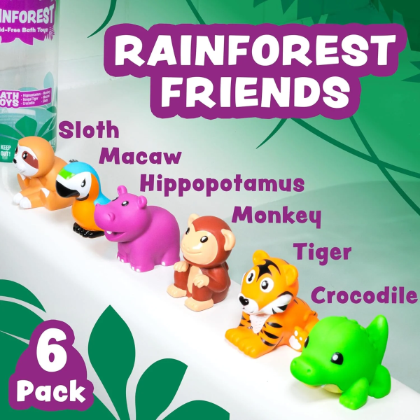 Tub Works Mold Free No Hole Bath Toys, 6 Pack, Rainforest