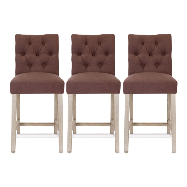 Westintrends Hayes Stools for Kitchen Counter Set of 3, Linen Upholstered Button Tufted Counter High Chairs Solid Wood Legs, Brown