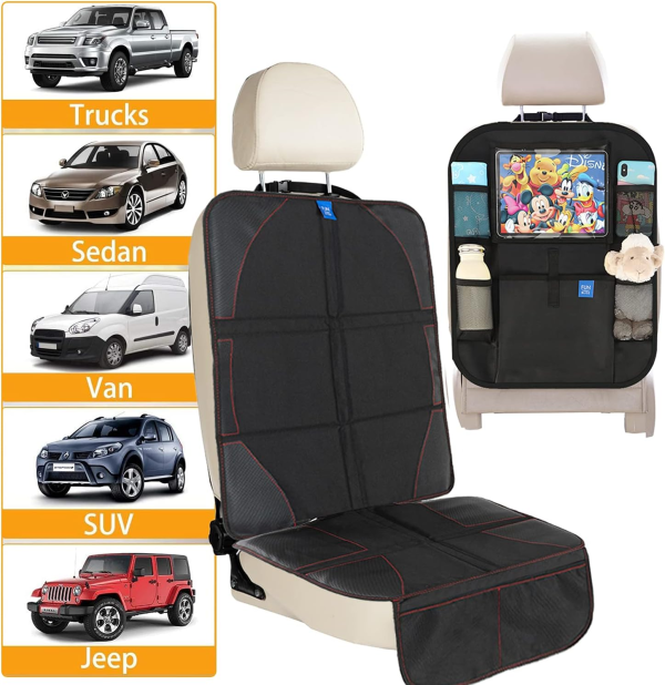 Funbliss Car Seat Protector + Kick Mats Car Backseat Organizer Black,Suitable for All Cars,Xl Largest Car Seat Cover for Child Baby Carseat, Kick Mat Back Seat W/Storage Pockets
