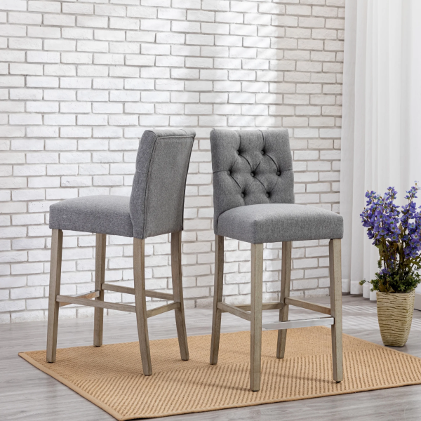 Westintrends Hayes Stools for Kitchen Counter Set of 3, Linen Upholstered Button Tufted Counter High Chairs Solid Wood Legs, Brown