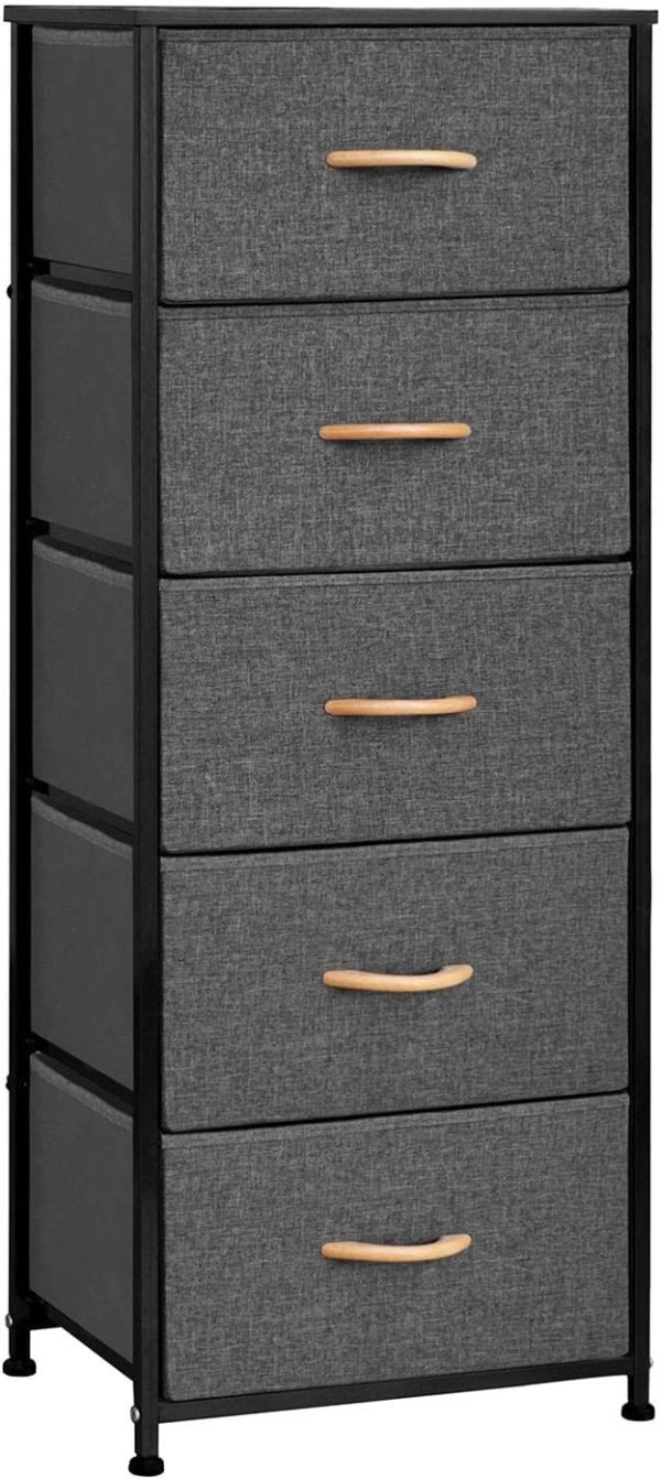 Pellebant Dresser for Bedroom with 5 Drawers, Tall Dresser Vertical Storage Tower, Sturdy Metal Frame, Fabric Storage Bins with Plastic Handle and Wooden Top, Organizer Unit for Closet/Hallway, Beige