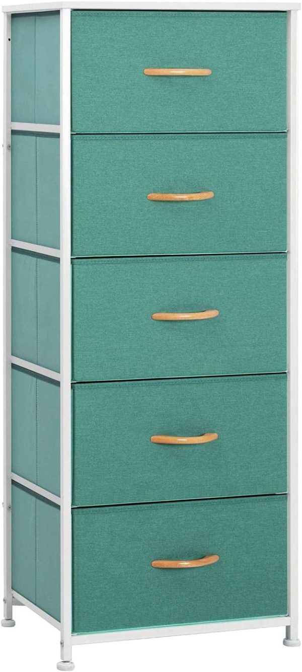 Pellebant Dresser for Bedroom with 5 Drawers, Tall Dresser Vertical Storage Tower, Sturdy Metal Frame, Fabric Storage Bins with Plastic Handle and Wooden Top, Organizer Unit for Closet/Hallway, Beige