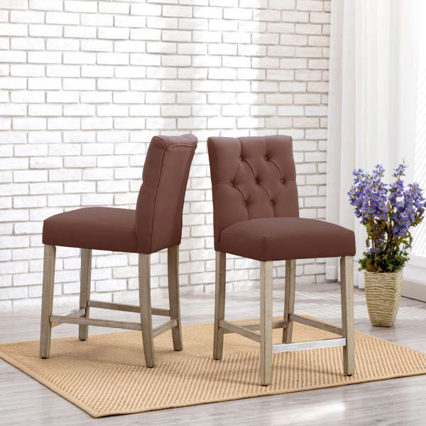 Westintrends Hayes Stools for Kitchen Counter Set of 3, Linen Upholstered Button Tufted Counter High Chairs Solid Wood Legs, Brown