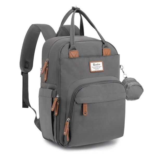 RUVALINO Diaper Bag Backpack - Multifunction Waterproof Travel Backpack, Baby Bag with Changing Pad & Stroller D-Ring & Pacifier Case - Travel Essentials & Baby Registry Search & Shower Gifts - Gray