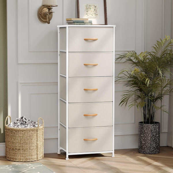 Pellebant Dresser for Bedroom with 5 Drawers, Tall Dresser Vertical Storage Tower, Sturdy Metal Frame, Fabric Storage Bins with Plastic Handle and Wooden Top, Organizer Unit for Closet/Hallway, Beige