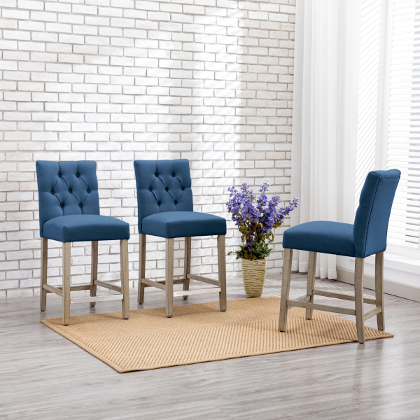 Westintrends Hayes Stools for Kitchen Counter Set of 3, Linen Upholstered Button Tufted Counter High Chairs Solid Wood Legs, Brown