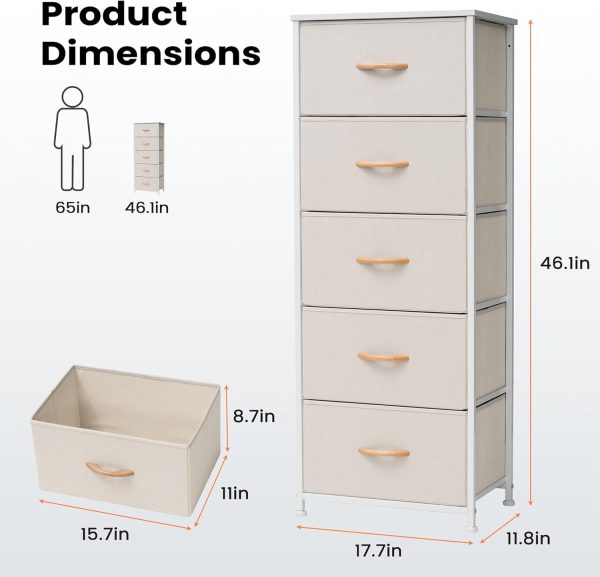 Pellebant Dresser for Bedroom with 5 Drawers, Tall Dresser Vertical Storage Tower, Sturdy Metal Frame, Fabric Storage Bins with Plastic Handle and Wooden Top, Organizer Unit for Closet/Hallway, Beige